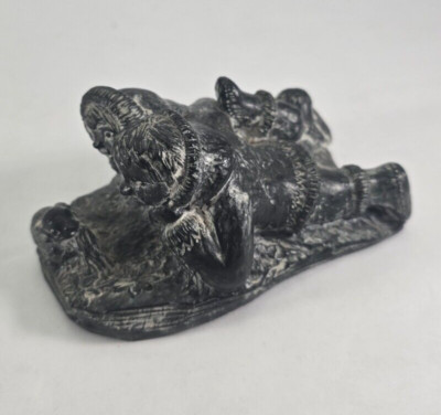 Wolf Originals Carving Eskimo Natives & Rabbit Inuit Figurine Sculpture Canadian