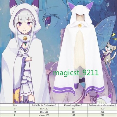 Anime Re:Zero Emilia Cosplay Hooded Cloak Cat Ears Cape Coat Uniform Costume New