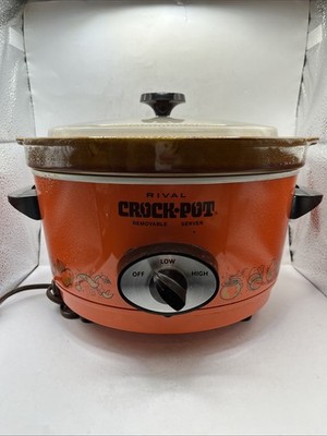Vintage Rival Orange Crock Pot 4 QT Model 3350-610 Plastic Lid Slow Cooker