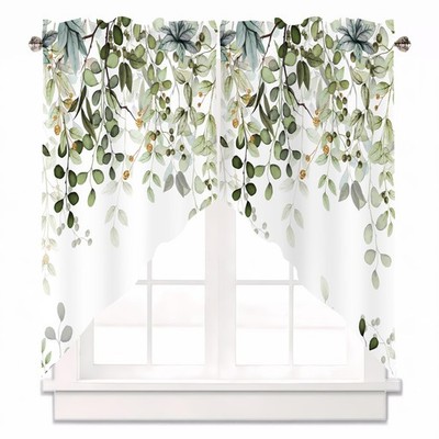 Sage Green Eucalyptus Swag Curtain Valance for Windows,Watercolor Leaves Wind...