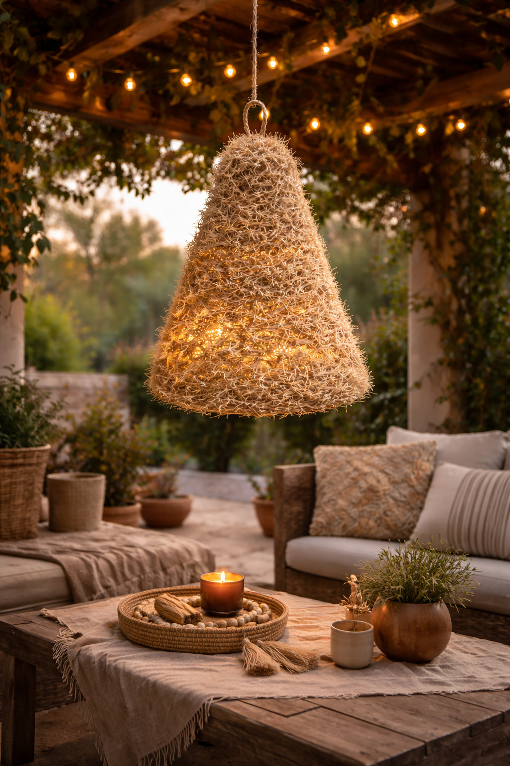 Tiki suspension bohème en fibres naturelles pour créer une ambiance tamisée sur un grand balcon