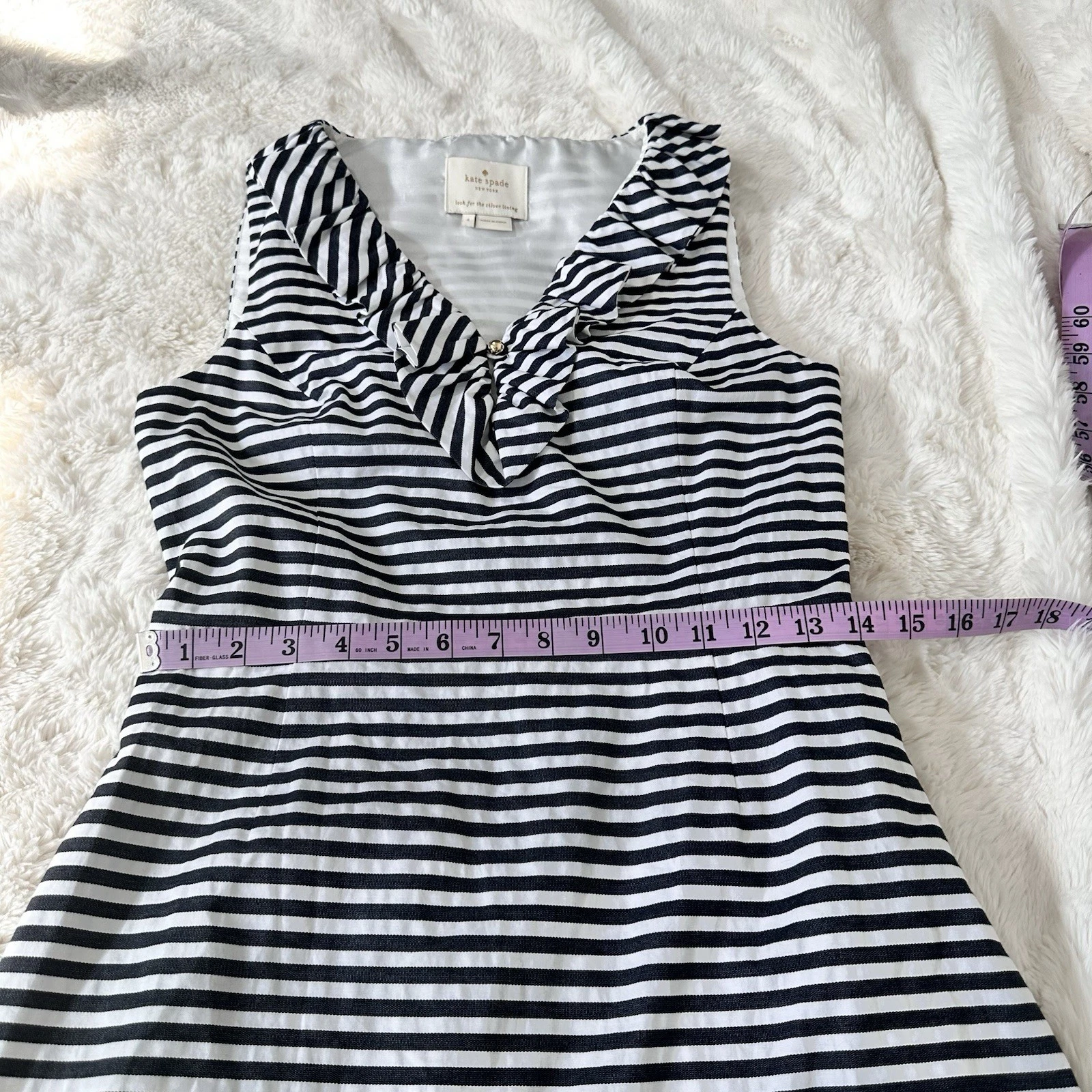 Abito KATE SPADE nero bianco a righe senza maniche in cotone con volant taglia 4 preppy