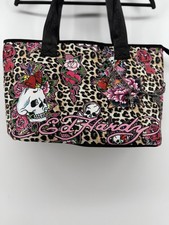 Ed Hardy Tote Bag Cheetah Print Skull Floral Cross Chain Accent Y2K