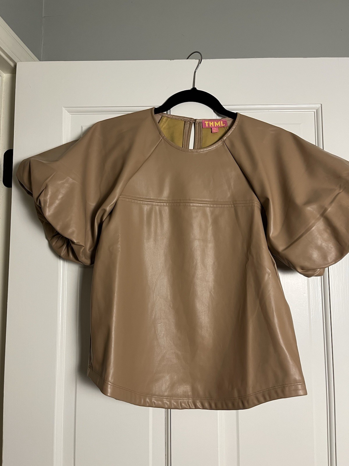 THML Faux Leather Tan Puff Sleeve Top Size Small