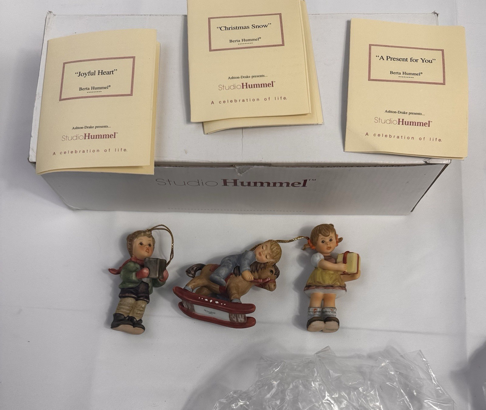 3 Berta Hummel Christmas Figurine Ornament Goebel Boy Rocking Horse Girl Present