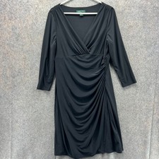 Lauren Ralph Lauren Dress Women 14 Black Ruched 3/4 Sleeve Cocktail Evening Knit