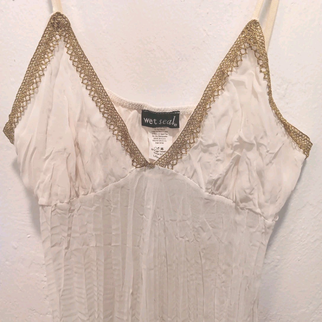 Vtg Y2K Wet Seal L Camisole Top Ivory Pleats Gold Trim Fairy Whimsical Asymetric