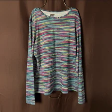 Lands' End Women's S-M Long Sleeve Swim Tee Rash Guard Deep Sea Navy/Spaced Dye