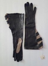 VINTAGE LA CRASIA BLACK  TAUPE LEATHER OPERA GLOVES ELBOW LENGTH SIZE 8