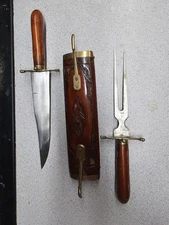 Vintage Carved Engraved Wood & Brass Scabbard Carving Knife Fork Set 17" India