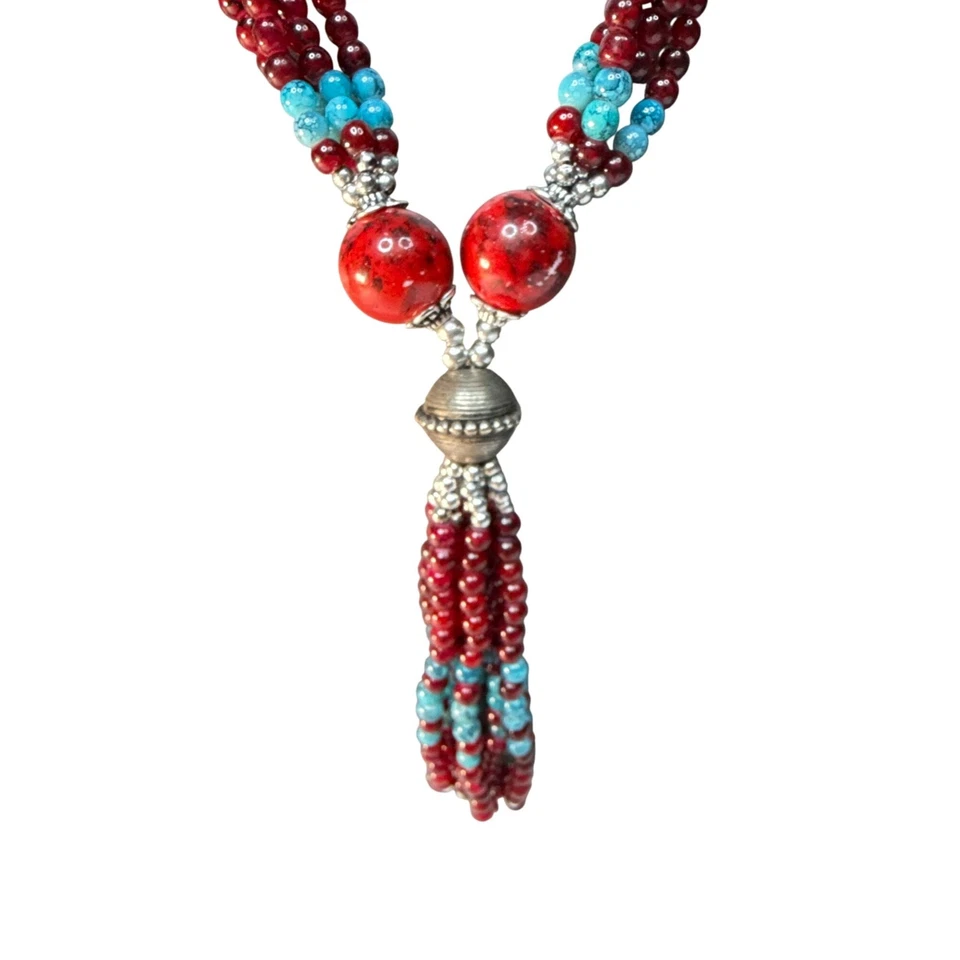 Collar Boho Multistrand Cuentas Rojo Turquesa Borla Distintiva Joyería Foto 3 de 4