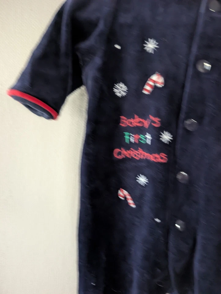 Mameluco Vintage Bebé Primera Navidad 0-3 Meses Terciopelo Azul Con Capucha Reno Foto 4 de 4