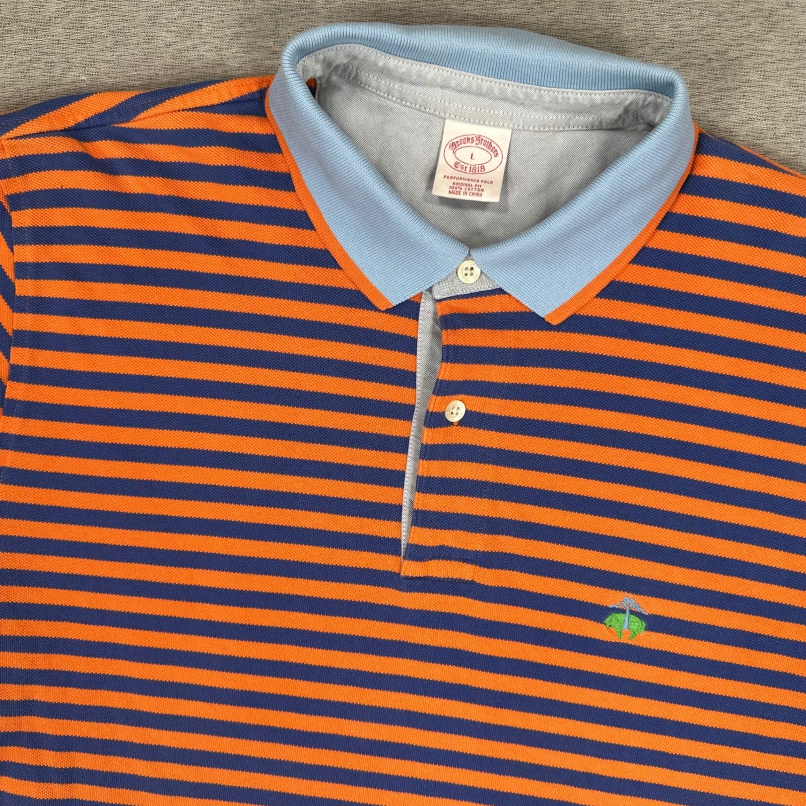 Brooks Brothers Performance Polo Shirt Men Large Orange Navy Blue Striped Cotton