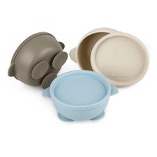 PandaEar 3 Pack Baby Suction Bowls with Lids Onesize, Blue Brown Tan