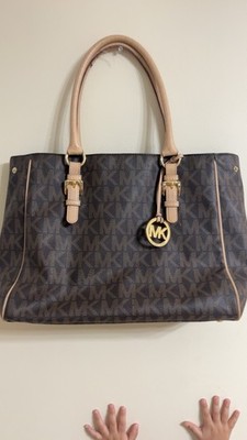 Michael Kors Monogram Brown Tote Bag, Beige Double Handles, Gold Hardware, Zip
