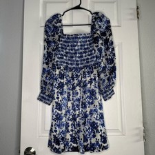 Alice + Olivia White Dress with blue floral pattern, long sleeve size 8