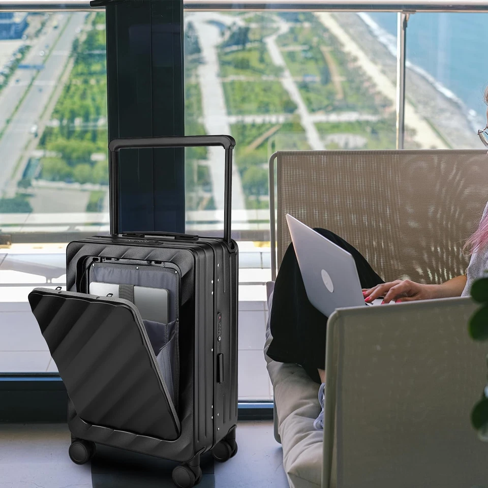 Carry On Luggage Wide Handle 20 Inch Suitcase with Front Compartment Aluminum... - Image 2 of 4