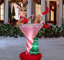 7 FT REINDEER IN PINK COCKTAIL GLASS Airblown Lighted Yard Inflatable