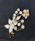 Vintage Coro Rhinestone Brooch Milk Glass Opaline Floral Spray Gold Tone Signed