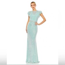 Sz 16 NWT Mac Duggal Women SEQUINED HIGH NECK FLUTTER SLEEVE Dress Icy Blue 395