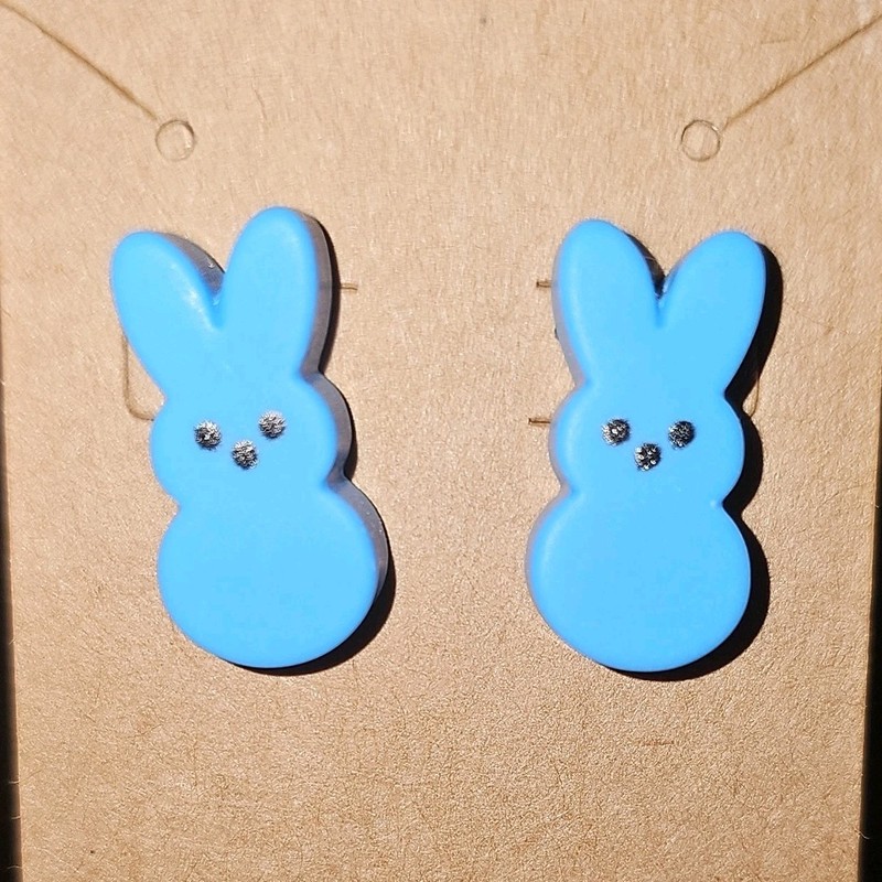 Handcrafted Plastic Blue Peep Silver Heart Stud Earrings Animal Theme