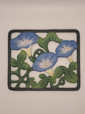 Cast Iron Painted Morning Glory Trivet Wall Decor Floral Cottage Shabby 