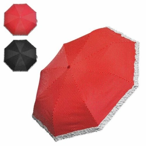 Polka-Dotted Pockets Umbrella Ruffle Edge Black Red Polka Dots Small Folding