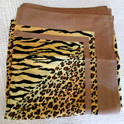 CODELLO BEIGE YELLOW BROWN SAFARI ANIMAL PRINT SQUARE SILK SCARF HAND ROLLED 35''