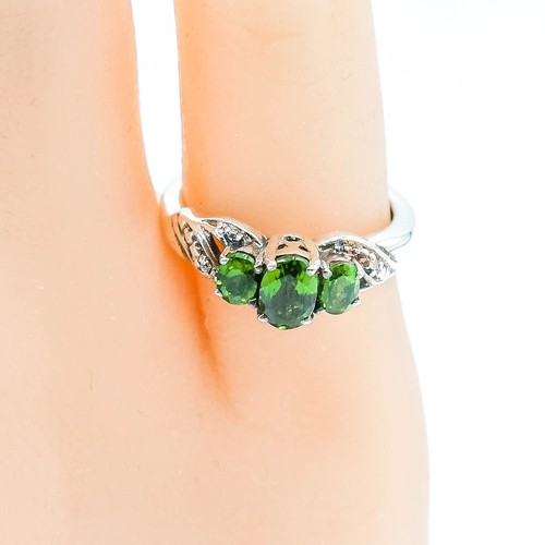 Sterling Silver Emerald Three-Stone Diamond Accent Ring Size 5.25 - Picture 2 of 5