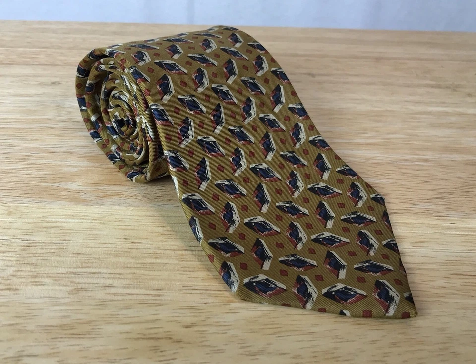 Мужской винтажный галстук Hart Shaffner Marx 3,75 дюйма/58 дюймов медный бриллиант синий геометрический шелк - Изображение 2 из 4