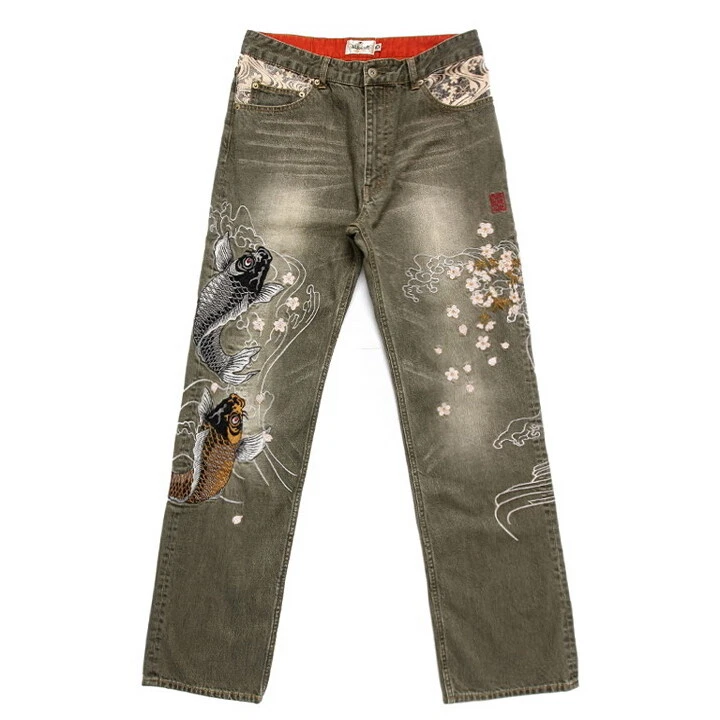 Mens Jeans Japanese Pattern Embroidery Denim Pants Dragon Carp Koi Fish  Flower