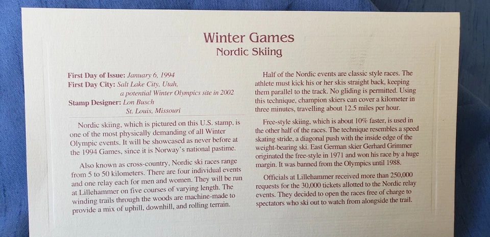 First Day of Issue of Original Stamp 22kt Gold Winter Games- NORDIC SKIING Mint - Image 2 of 2