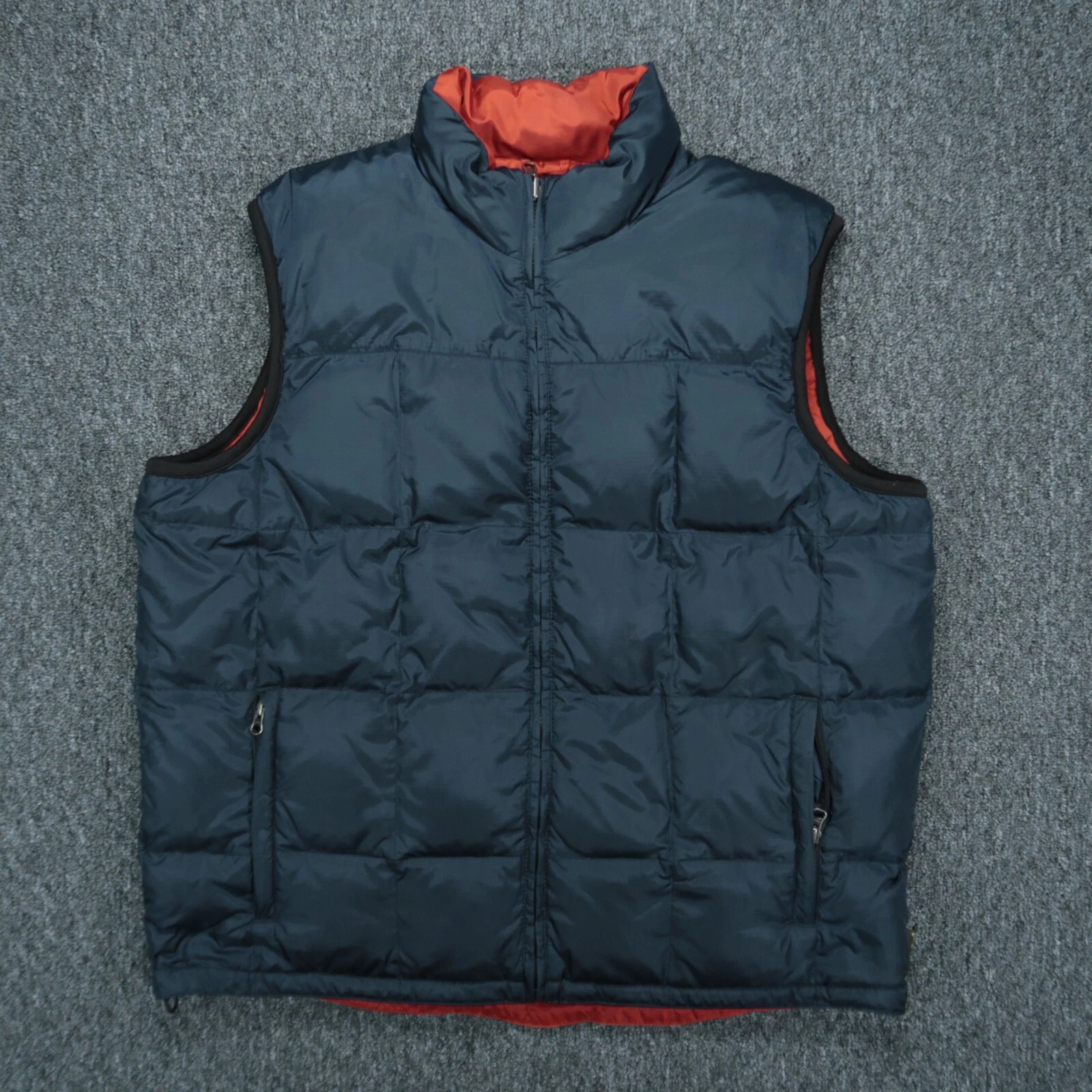 Eddie Bauer Vest Mens Large Blue Orange Goose Down Reversible Full Zip Pockets