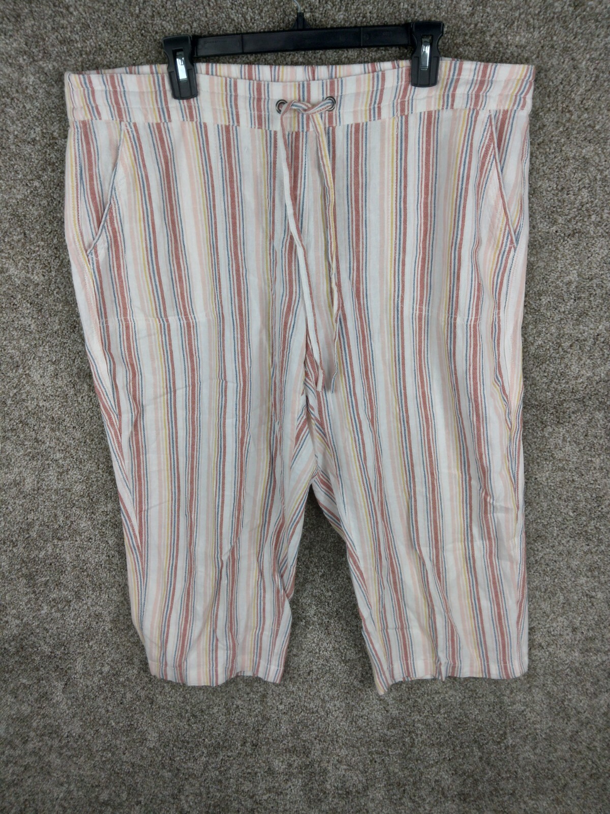 Per Se Linen Blend Pull On Capri Pants Women 1X Plus Multicolor Pinstripe