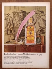 1966 Gordons Distilled Dry Gin Pink Quill Pen Art Illustration Vintage Print Ad 