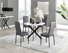 Image of Novara White Gloss Black Leg Round Dining Table & 4 Velvet Milan Black Leg Chai
