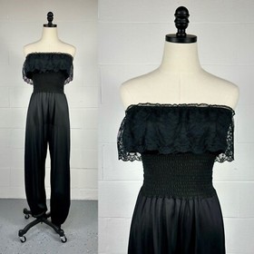 Vintage 80s Black Nylon Strapless Harem Jumpsuit Smocked Bodice Lace Trim Small