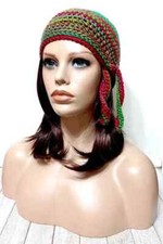 handmade crochet womans biker skull hat beanie chemo rainforest red USA made