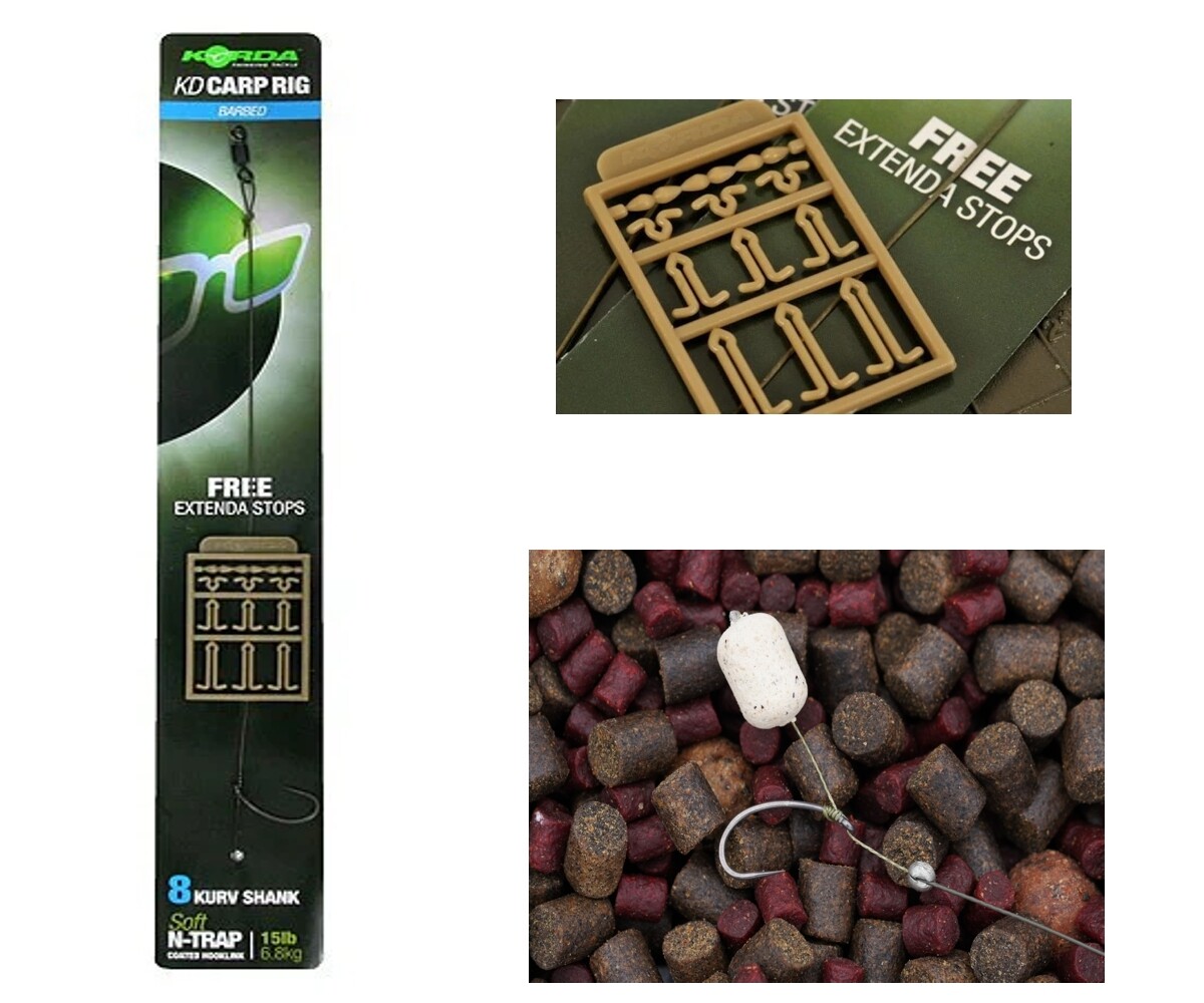 Korda KD Carp Rig Size 8 Hook Barbed Kurv Shank Pre Tied Extenda Stops KCR045