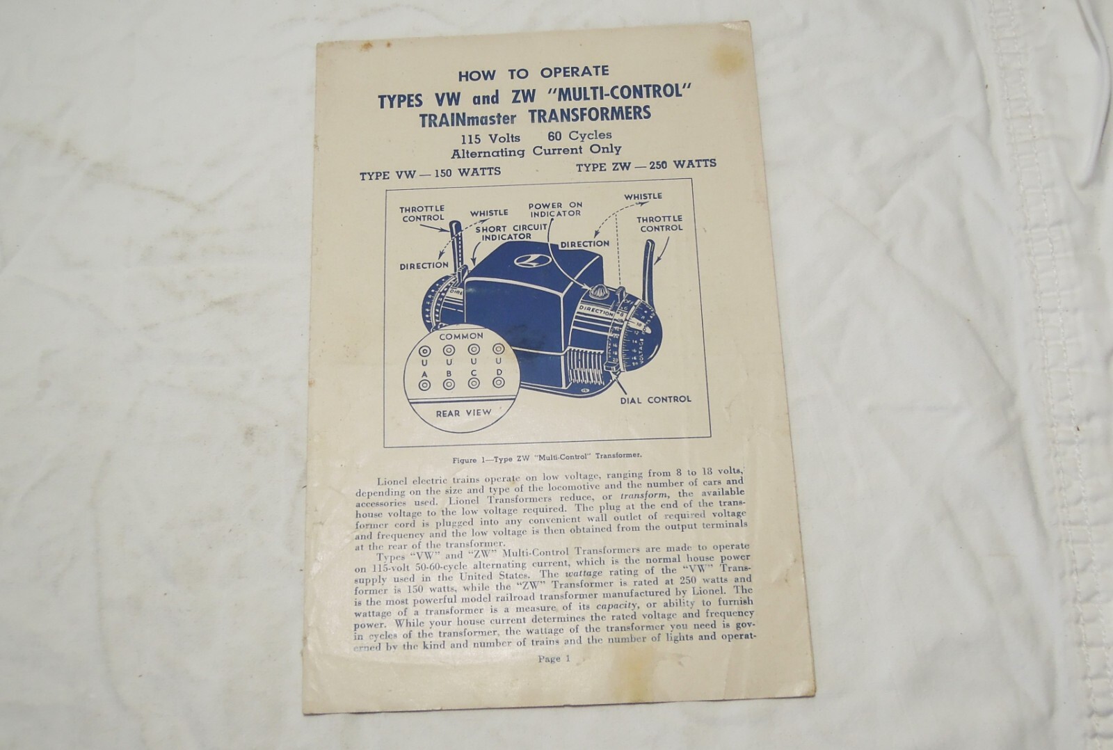 Lionel VW and ZW Multi control transformer instructions form ZW-134 of 7-48