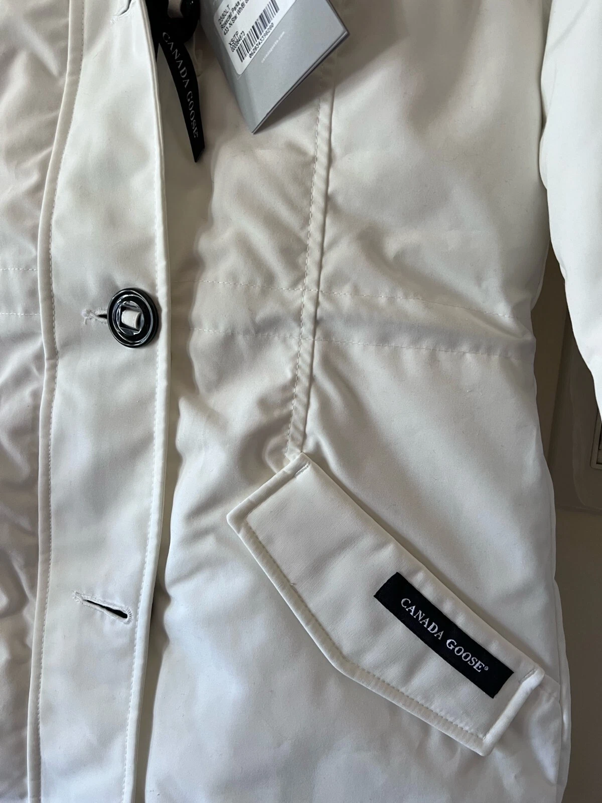 Cappuccio originale nuovo con etichette Canada Goose Rossclair Parka Heritage bianco XS