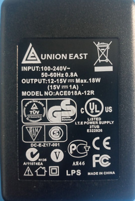 12V 1.5A UNION EAST AC Adapter Model: ACE018A-12 Power Charger