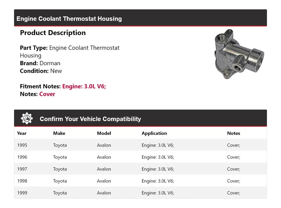 Carcasa termostato refrigerante motor Dorman V6 3,0 L Toyota Avalon 1995-1999 Foto 2 de 4