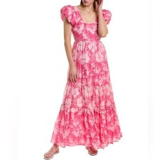 NWT LoveShackFancy Karalie Maxi Floral Pink Short Sleeve Dress w/Pockets-Size 0