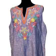 Talbots Petite Dress Blue Linen Blend Embroidered 16P Sleeveless Preppy Casual