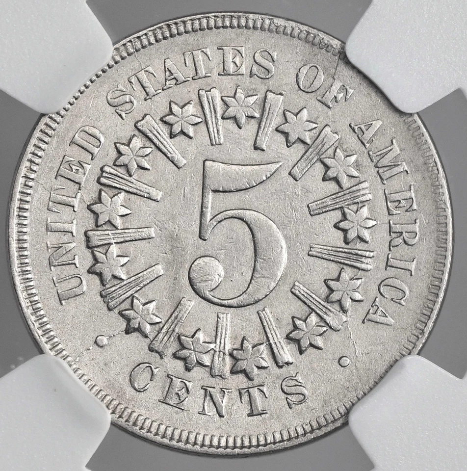 1866  5C SHIELD NICKEL WITH "RAYS"  NGC AU DETAILS "CLEANED"   #8404746-048 - Image 3 of 4