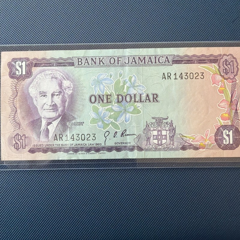 1960 Beautiful Vibrant Bank Of Jamaica One Dollar Note ($1)