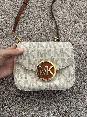 Michael Kors MK Monogram Small Flap Crossbody Snap, Detachable Strap White/Brown