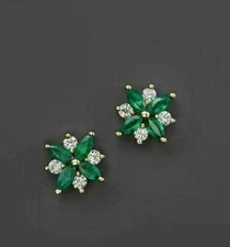 2Ct Marquise Cut Lab-Created Emerald Flower Stud Earrings 14K Yellow Gold Plated