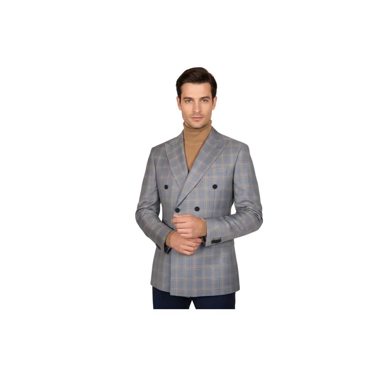 Men's Mono Double Breasted Blazer Super 180s Wool 1523-02 Blue Brown Plaid